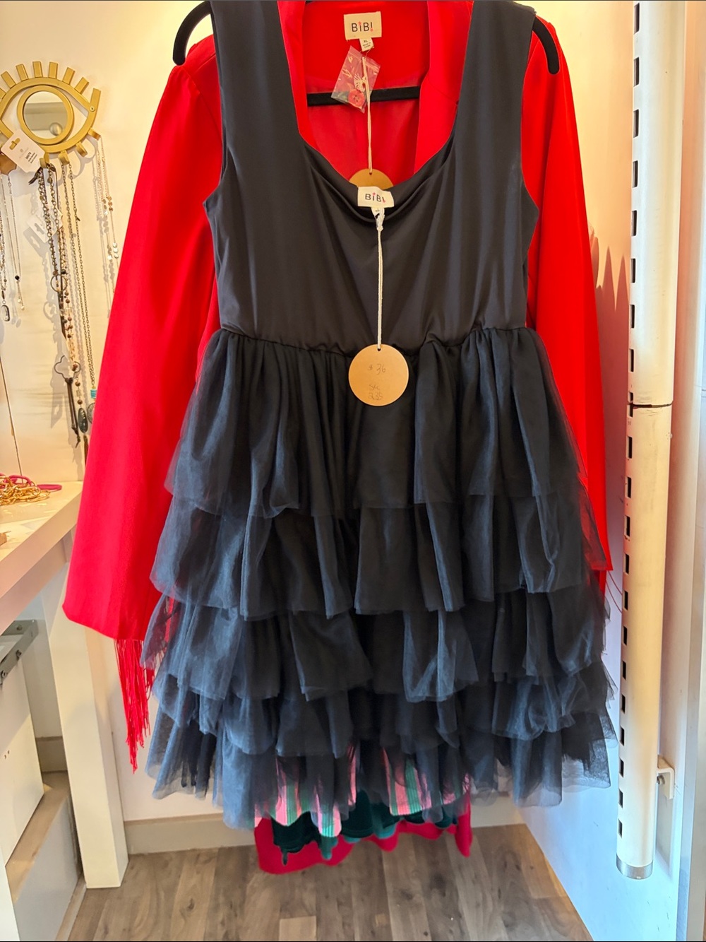 BiBi Black Tiered Tulle Midi Dress